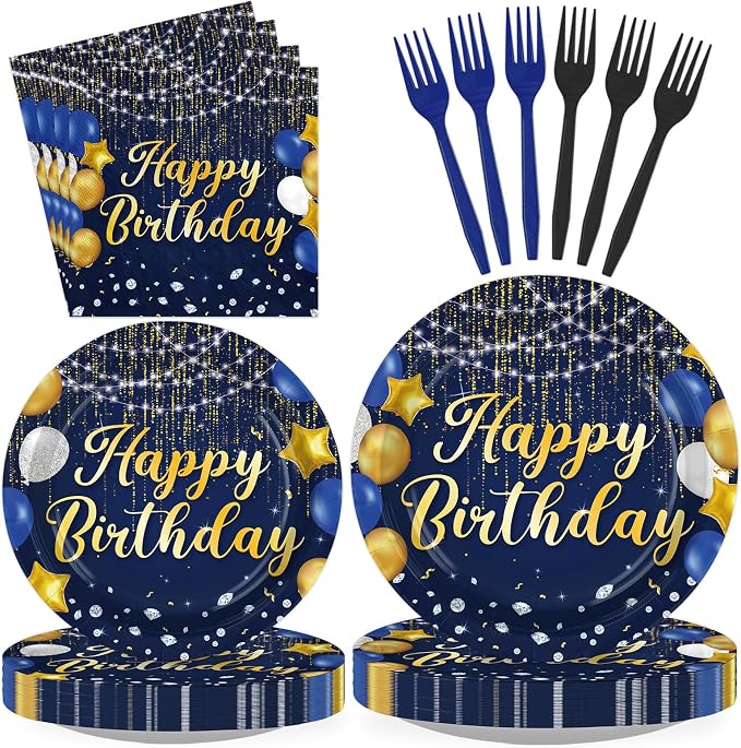 96Pcs Blue and Gold Birthday Party Decorations for Navy Blue Gold Disposable Plates and Napkins Tableware Set Happy Birthday Decorations for Men Women Bday Party Supplies Serves 24