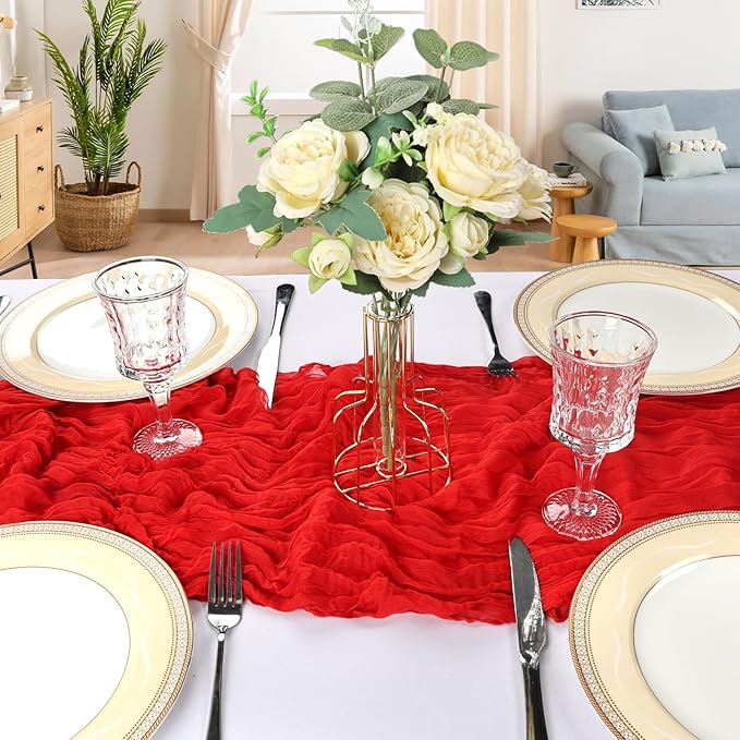 6 Pack 10FT Red Cheesecloth Table Runner 120 Inch Long Gauze Rustic Boho Spring Cheese Cloth Table Runner Sheer Fabric Decorations for Holiday Party Wedding Banquet Bridal Baby Shower Décor