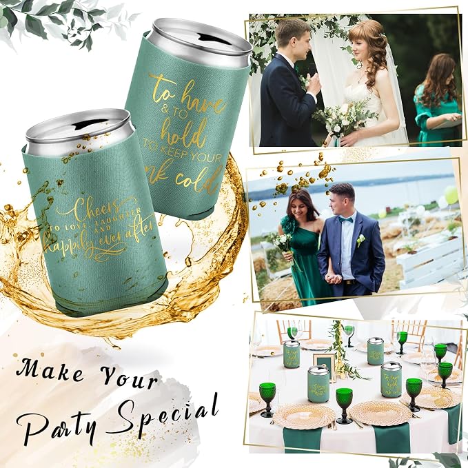 Qinyoung 50 Pieces Green Wedding Can Cooler Bulk Engagement Party Favors for Guests Cheers to Love Laughter and Happily Ever After Rehearsal Dinner Decorations for Wedding Bridal Party