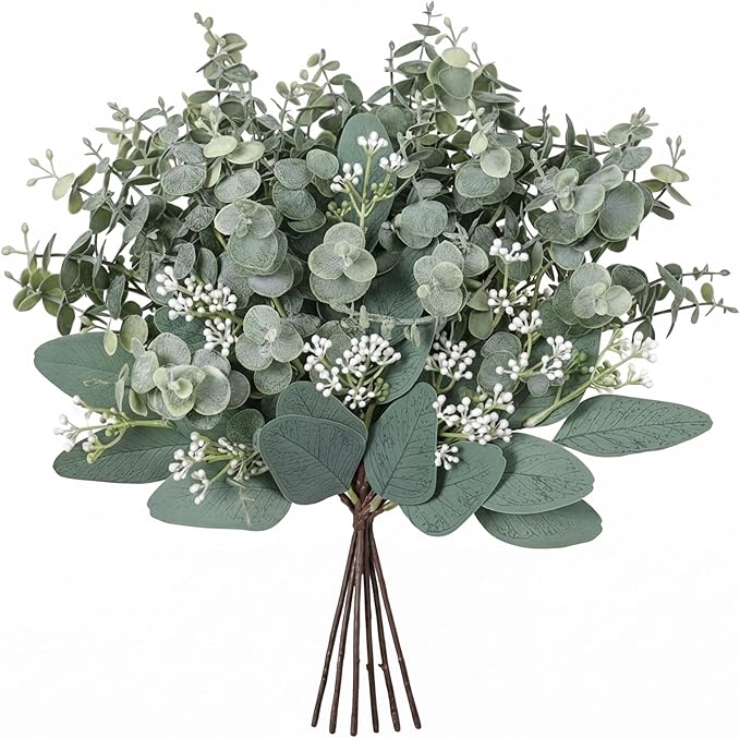 Janinka Mixed Eucalyptus Leaves Stems Bulk with White Seeds Artificial Silver Dollar Leaves Sprays Faux Oval for Wreath Garland Floral Bouquets Arrangement Wedding Greenery Decoration (10)