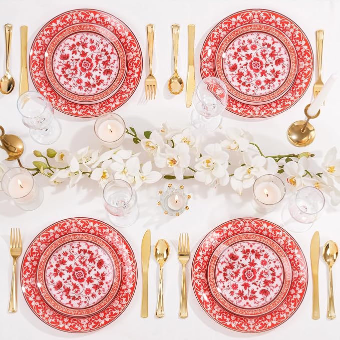 Hioasis 60pcs Red Plastic Plates Set - Floral Red & White Porcelain Design, 10.25" Dinner & 7.5" Dessert Plates Disposable for Christmas (Dishwasher Safe, Art Style)