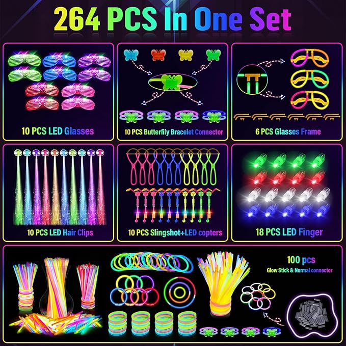 OLUPP Glow in the Dark Party Supplies, 264 PCS Light Up Party Favors with LED Glasses,Glow Sticks,Finger Lights,LED Hair Clips,Slingshot,Glasses Molds,Butterfly Bracelet for Birthday,Raves,New Year