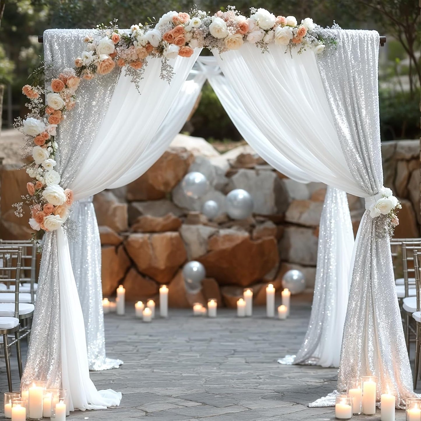 Wedding Arch Draping Fabric, 1 Panel 28" x19ft White Arch Drapes & 1 Panel 16" x19ft Silver Sequin Fabric Drapes Arbor Backdrop Curtain for Wedding Arch Ceremony Bridal Shower Reception