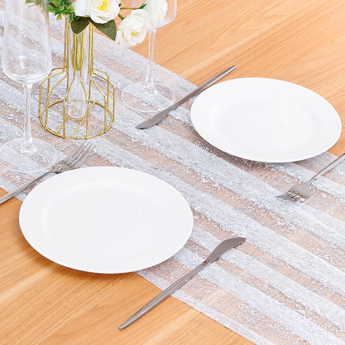 BINBE 1PCS Silver Table Runner 10Ft Sheer Chiffon Fabric Cheesecloth Sequin Glitter Table Runner for Wedding Birthday Party Decor