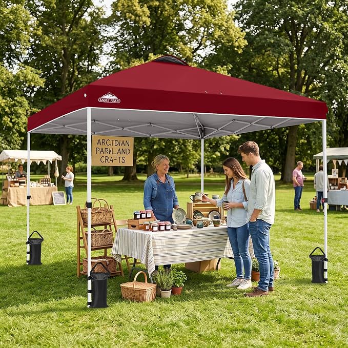EAGLE PEAK Pop Up Canopy Tent with Wheeled Carry Bag, 8 Stakes, 4 Ropes, 4 Weight Bags, Easy Set Up Tent Canopy, 10x10 ft, 100sqft of Shade, Burgundy
