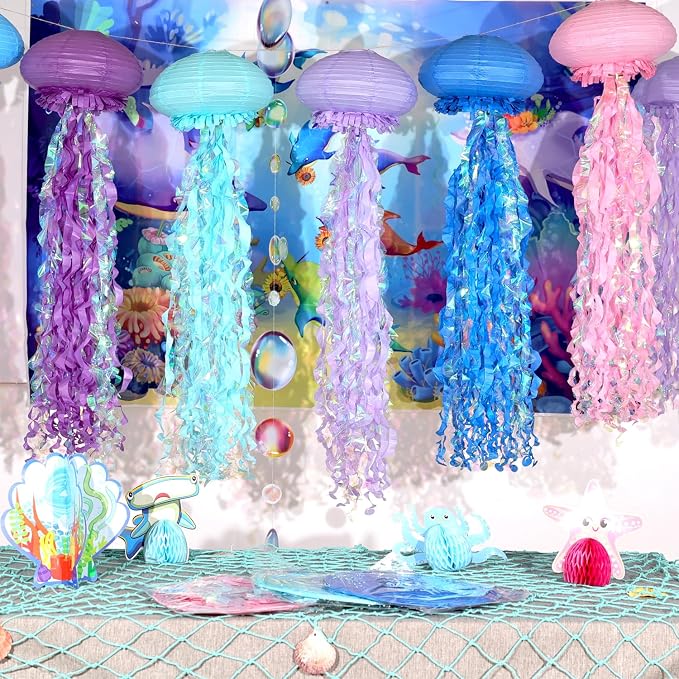OBXT Hanging Jellyfish Lanterns Multi-Color 6 Pack - Ocean-Themed Decor for Under the Sea Mermaid Birthday Party Classroom & VBS Baby Shower Beach Theme
