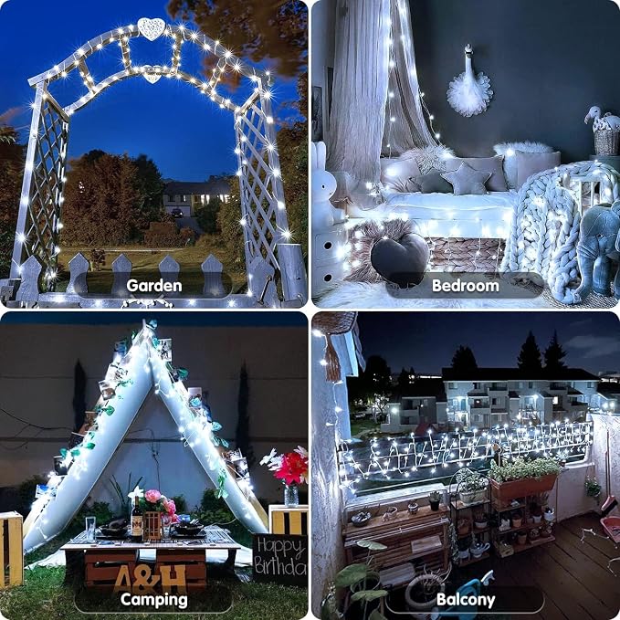 JMEXSUSS 2 Pack White Battery Operated String Lights, Each 33ft 100 LED Wedding Lights Outdoor Indoor, 8 Modes Christmas Lights with Remote Waterproof for Wedding Front Porch Yard House Room Decor