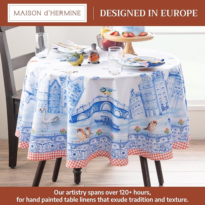 Maison d' Hermine Table Cloth Round Table 100% Cotton 69 Round Inches Tablecloth Reusable Decorative for Dining Kitchen Room Farmhouse Party Home Hotel Restaurant Spring Summer - Amsterdam Canals