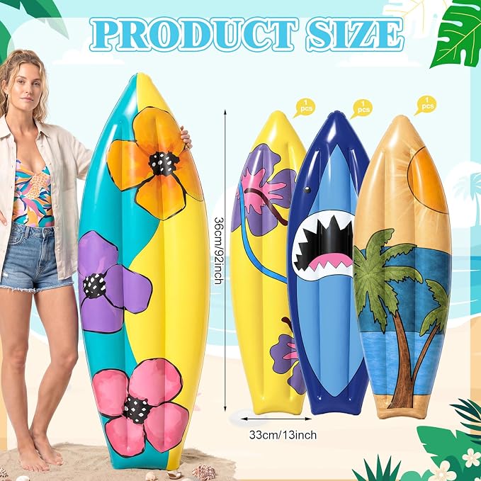 JellyArch 4 Pcs Hawaiian Inflatable Surf Board 36 Inch Inflatable Luau Hawaiian Pool Party Decorations Frangipani Tropical Blow up Surfboard Pool Float Palm Tree for Wall Birthday Beach Party Decor