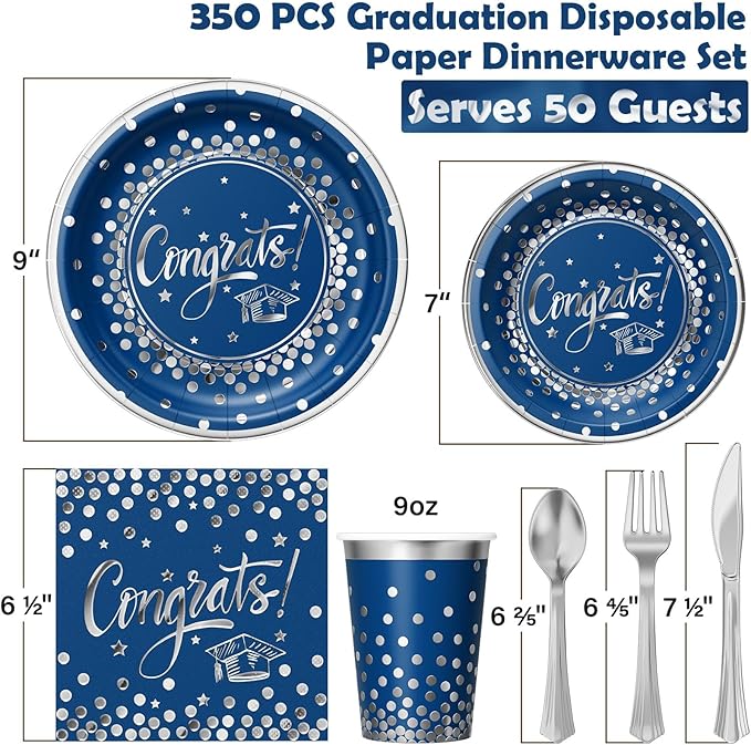 Ecomore 2026 Graduation Party Decoration - 350 PCS Grad Supplies Disposable Dinnerware Set (Severs 50) w/ Navy Blue Sliver Paper Plates Napkin Cup Plastic Cutlery for College High School Class of 2026