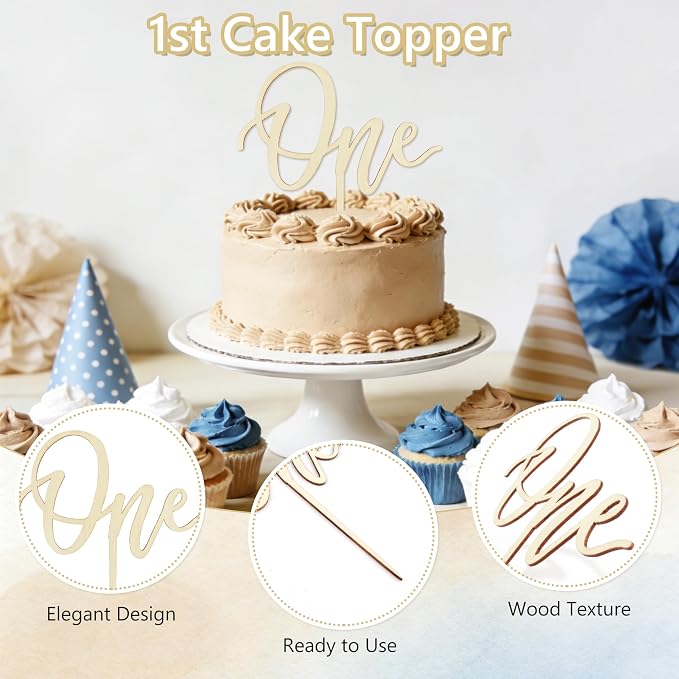 THAWAY 1st Birthday Decorations Boy, First Birthday Becorations for Boy and Girl with Banner, One High Chair Banner, Hat and Wood Cake Topper for One Year Old Party Decor