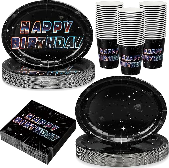 Vesici 150 Pcs Galaxy Birthday Oval Paper Plates and Napkins Set, 10'' x 12'' Large Space Tableware Galaxy Disposable Paper Plate Napkin Cup Set Space Party Supplies for Birthday Party Supplies Decor