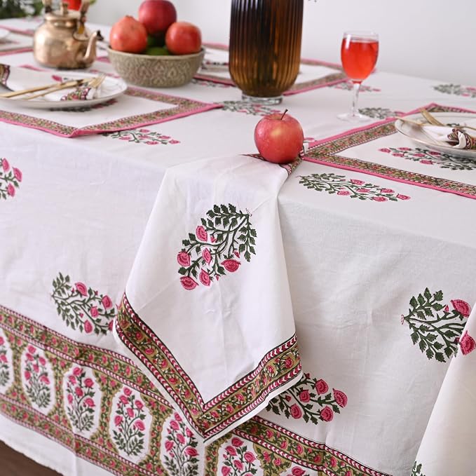 Hand Block Printed Tablecloth – Colorful Floral Print | 100% Cotton | Indian Artisan Handmade Art | Dining Room, Kitchen, Outdoor Décor, (Soft Petal Glow, 60 x 60 Inches Square)
