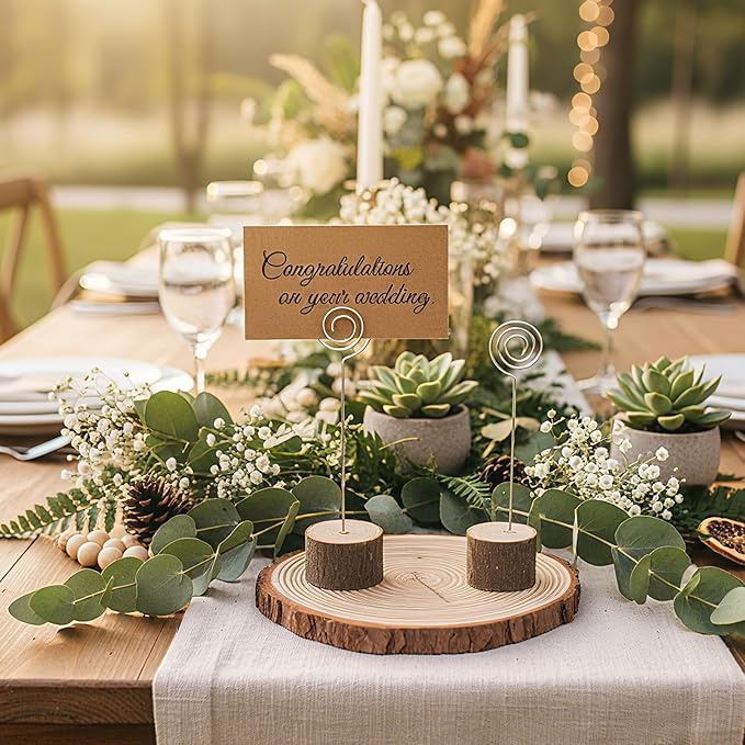 Amyhill Wedding Table Centerpieces 12 Wood Slices 24 Wood Place Card Holders 60 Kraft Place Cards Natural Wooden Table Number Holders Rustic Food Labels Sign Name Card Picture Holder with Swirl Wire