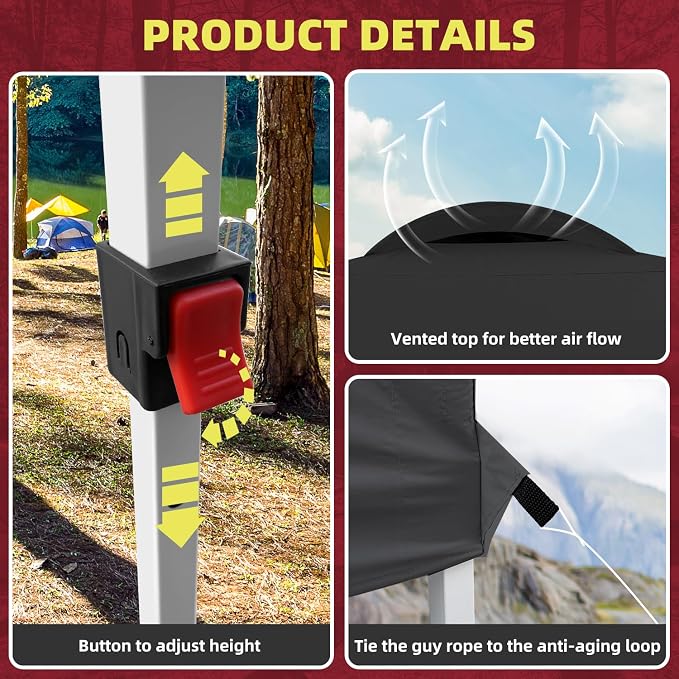 10x10 Pop Up Canopy Tent, Instant Folding Outdoor Shelter with High Strength Steel Frame and Handheld Carry Bag, Ground Stakes and Wind Ropes for Backyard Party, Camping, Beach Events, Black