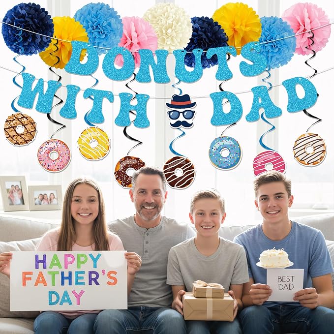 Fathers Day Party Decorations - 19PCS Donuts with Dad Banners Hanging Swirls Paper Pompoms Party Decor, Happy Father's Day Donut Themed Holiday Supplies