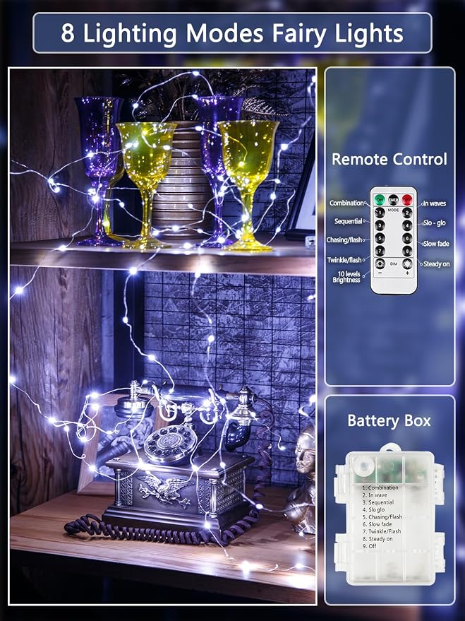 2 PK Each 80 LED 26FT Fairy Lights Battery Operated Remote Timer Cool White | 8 Modes, Bendable & Waterproof Wire, Twinkle String Light for Indoor Outdoor Christmas Tree Centerpieces Garland DIY Decor