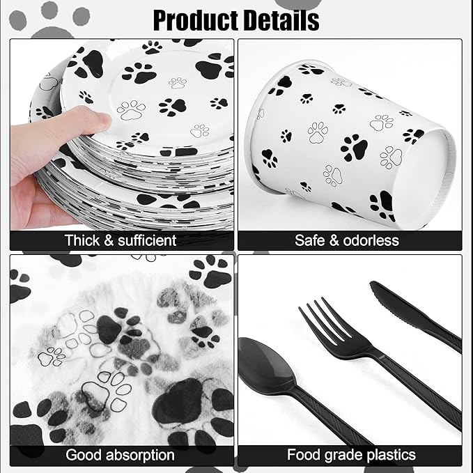 Kochorie 400 Pieces Black Paw Disposable Party Tableware Sets Dog Puppy Supplies Including Plates Cups Napkins Cutlery Serves 50 for Birthday Puppy Theme Party Decorations