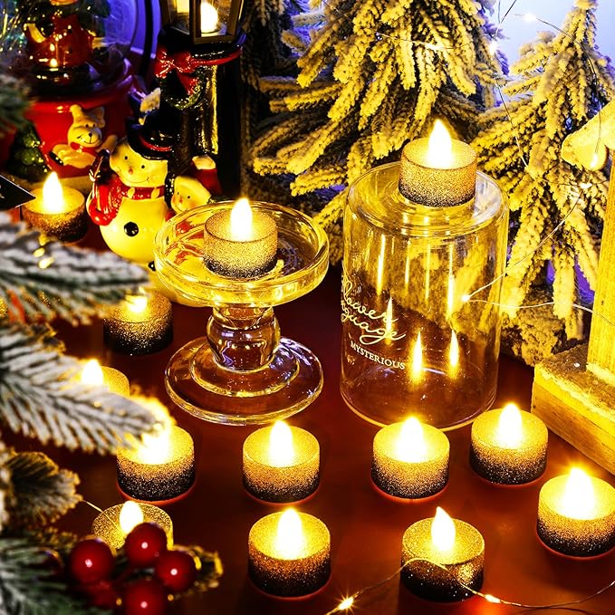 Retisee 48Pcs Flameless LED Tea Lights Glitter Electric Fake Candles for Centerpieces Battery Operated Anniversary Romantic Winter Decor for Wedding Christmas Birthday(Gold,Black,1.46inch)