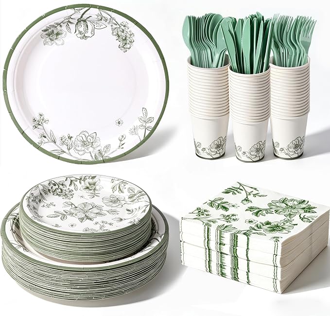 400 Pcs Disposable Sage Green Floral Tableware Set for 50 Guests | Heavy-Duty 7" & 9" Paper Plates, Cups, 13" Napkins & Plastic Cutlery for Bridal Baby Shower and Tea Party Supplies