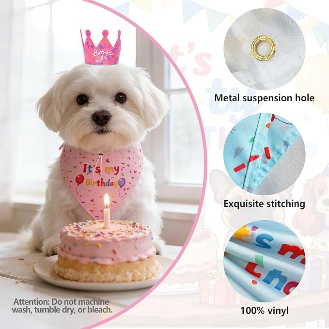 Dog Birthday Party Supplies,72X43Inch Let's Pawty Dogs Kids Birthday Party Banner Birthday Girl Cake Bandana Triangle Scarf Party Hat with Numbers for Large Medium Small Dog