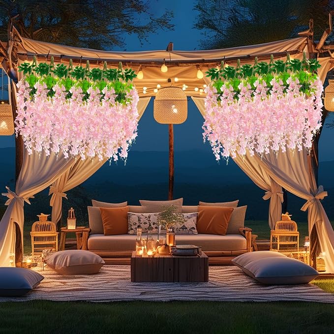 12 Pack Pink Wisteria Hanging Flowers Garland with Lights, 3.44 Feet Artificial Flower Vines, Fake Wisteria, Artificial Vines Hanging Garland for Backdrop Outdoor Patio Garden Decor