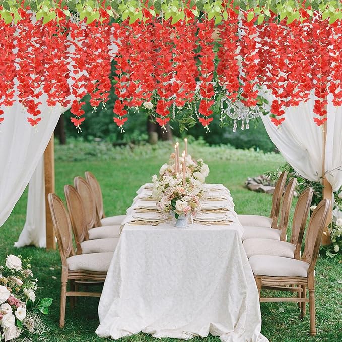 U'Artlines 24 Pack (Total 86.4 Feet) Artificial Fake Wisteria Vine Rattan Hanging Garland Silk Flowers String Home Party Wedding Decor (24, Red)