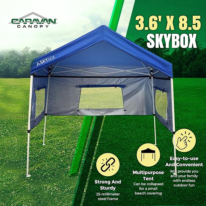 Caravan Canopy Skybox 3.2 Foot x 6.5 Foot Instant Multipurpose Height Adjustable Steel Frame Outdoor Sport Shelter Canopy with Carry Bag, Blue