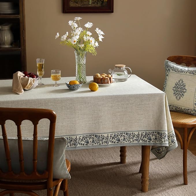ISAENNE Designer Linen Rectangular Tablecloth,102"x63"-Segerman B | Chinoiserie Vintage Elegant Floral Table Cloth Rectangle Table,Beautiful,Dining Room,Tea Party,Kitchen,Thanksgiving
