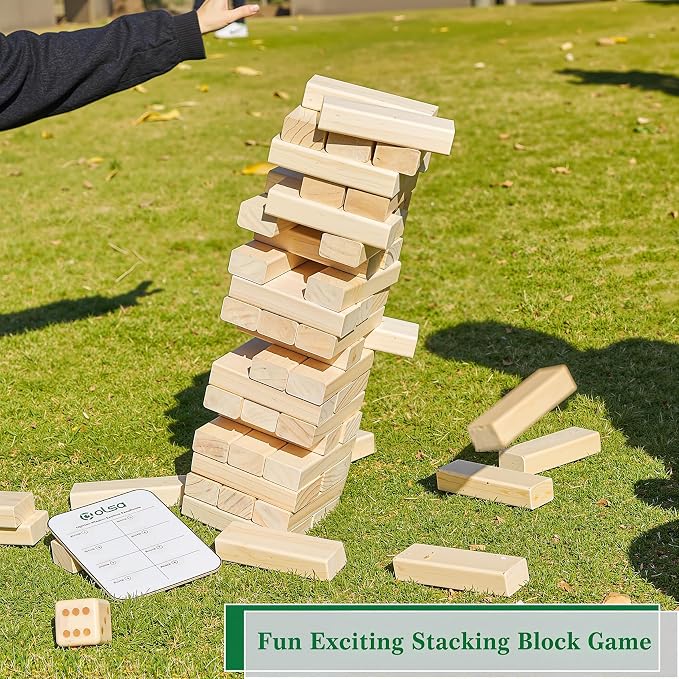 Olsa Giant Tumble Tower, Toppling Timber Game with Carrying Bag-60 PCS Wooden Block Stacking Game for Adults Family (2.2 Ft to 5 Ft)