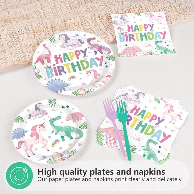 96Pcs Dinosaur Unicorn Birthday Party Decorations Dinosaur Unicorn Birthday Plates and Napkins Set Rainbow Dino Decoration for Girls Princess Magical Pastel Pink Rainbow Bday Party Supplies Serves 24