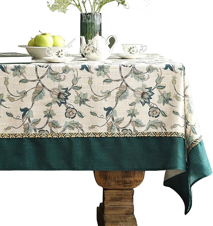 patdrea Vintage French Linen Tablecloth,Rectangular,94"x63"-Noah | Heavyweight Floral Large Table Cloth for Rectangle Table,Botanical Green Pattern,for Dining Room Tea Party Thanksgiving