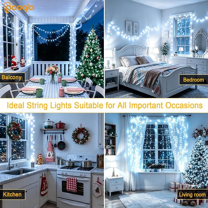 Pooqla 4 Pack String Lights Battery Operated, Total 66.6ft 200 LED Fairy Lights Indoor Outdoor Decorations, 8 Modes Cool White Battery Christmas Lights for Bedroom Classroom Porch Party Yard Decor
