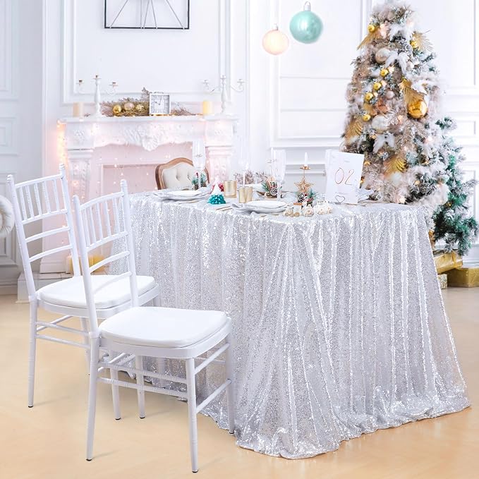 MoKoHouse Silver Tablecloth Rectangle 60" x 102" Glitter Table Cloth Sequin Fabric for Halloween Party Wedding Ceremony Cake Dessert Table Decorations