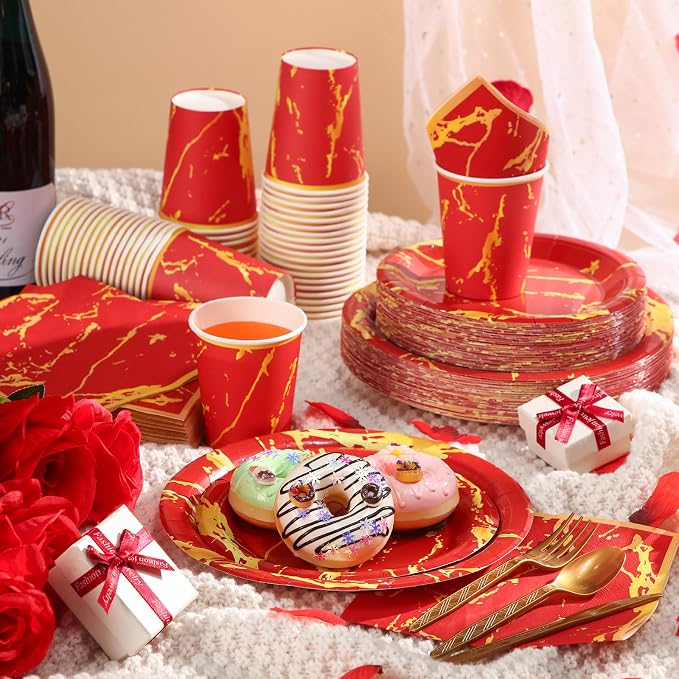 Bokon 350 Pcs Red Gold Party Supplies Disposable Dinnerware Set Include 100 Plates 50 9 oz Paper Cup 50 Sets Spoon Fork Knives 50 Napkin for 50 Guests Wedding Birthday Valentines Party Decoration