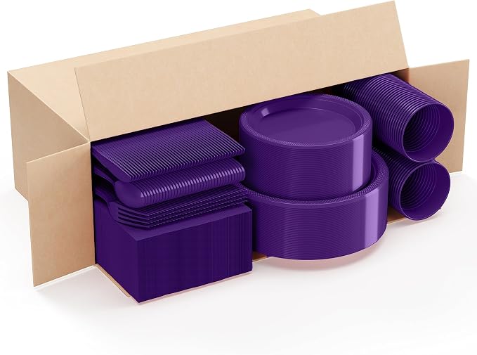 350 Pcs Purple Plastic Plates For Party, Purple Disposable Plates Set, 50 Of Each 9" Dinner Plate Set, 7" Dessert Plate, Cups, Napkins & Cutlery Plastic Dinnerware Set Exquisite