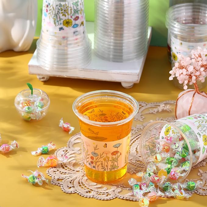 Hushee Wildflower Meadow 60 Pcs Party Cups 16 oz Plastic Disposable Drinking Cups for Birthday Love Baby in Bloom Baby Shower Summer Fresh off The Market Bridal Shower Decorations Supplies