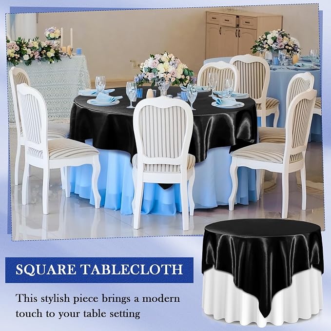 Newwiee 12 Pcs 72 Inch Satin Tablecloth Square Overlay Smooth Fabric Tablecloth Satin Table Cover Fabric Decoration Dining Cloths for Party Wedding Banquet Table Decoration(Black)