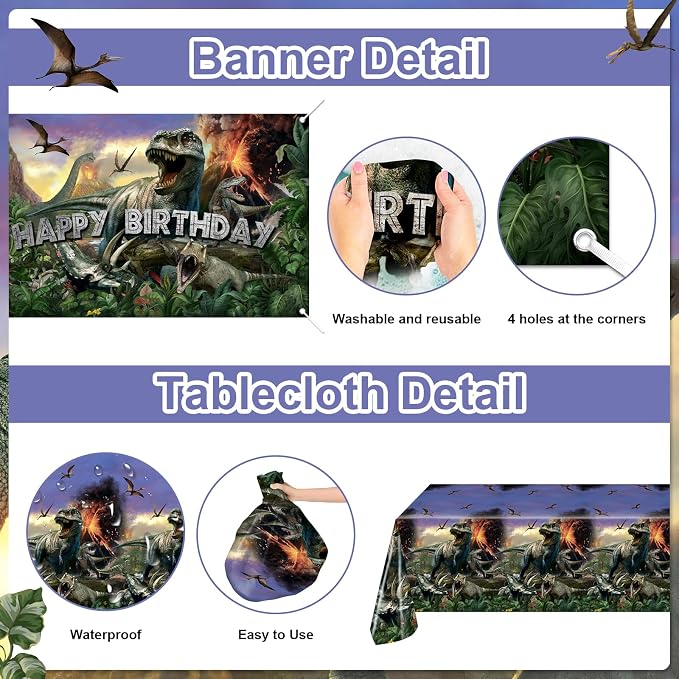 Dinosaur Birthday Decorations 280 PCS Dinosaur Birthday Backdrop Plates Napkins Tablecloth Balloons Jurassic Dino Party Supplies Serve 24