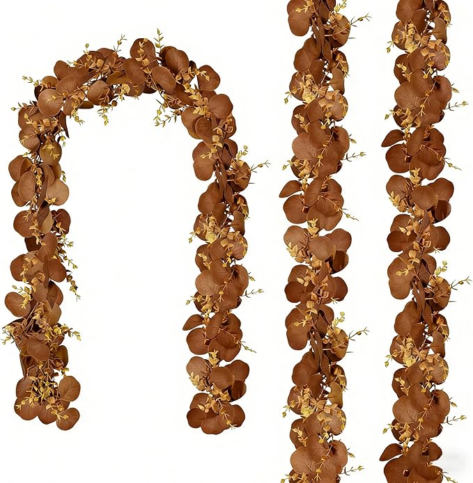 CQURE 3Pcs Eucalyptus Garland,Artificial Eucalyptus Leaves Table Greenery Garland Wreath Vines for Wedding Party Table Fireplace Bedroom Wall Room Decor