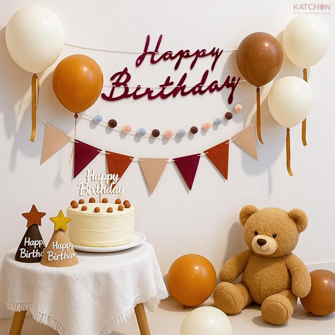 KatchOn, Burgundy Happy Birthday Banner Set – Pre Strung, 10 Ft | Triangle Flag Banner and Pom Pom Garland, Reusable | Burgundy Birthday Decorations for Women, Men | Boho Party Decorations