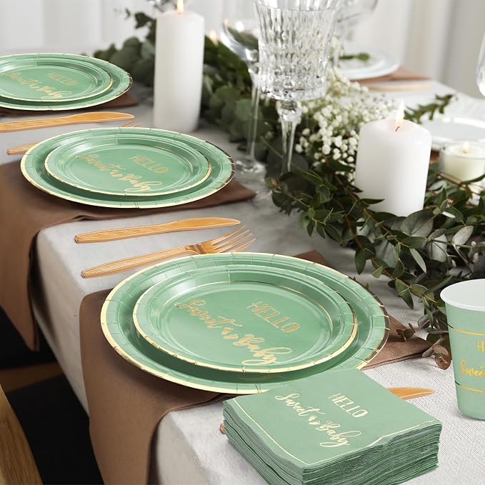 400 Pcs Baby Gender Reveal Plates and Cups and Napkins Sets with Forks Spoon Party Supplies Baby Shower Paper Tableware Gender Reveal Decorations Disposable Cutlery, Serves 50(Green,Hello Sweet)