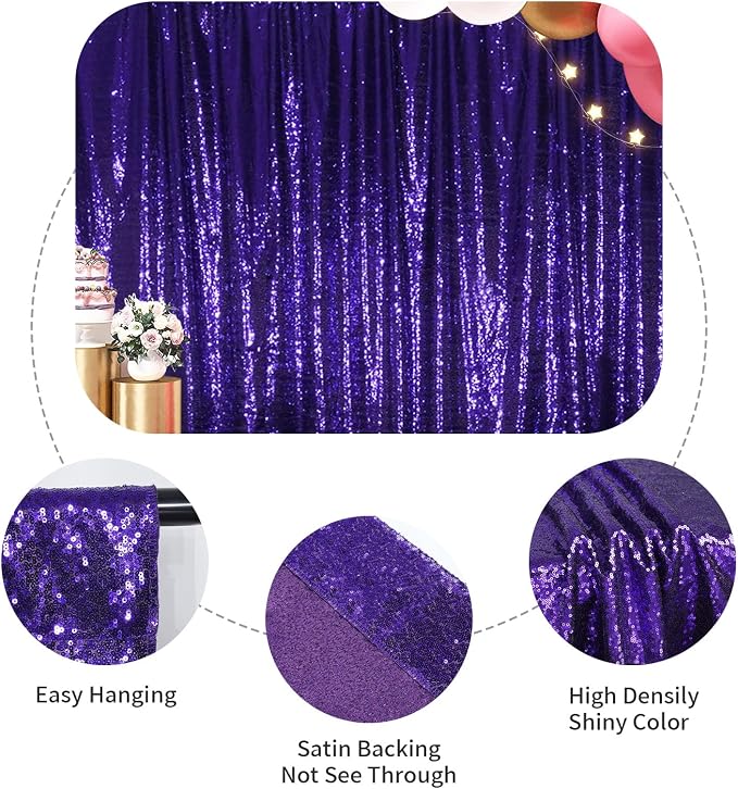 SquarePie 2 PCS 2x8ft Purple Sequin Backdrop Curtains, Satin-Backed Shimmering Photo Booth Background, 2 Panels Narrow Real Sequin Drapes with 4" Rod Pocket for Party, Baby Shower, Doorway Decor