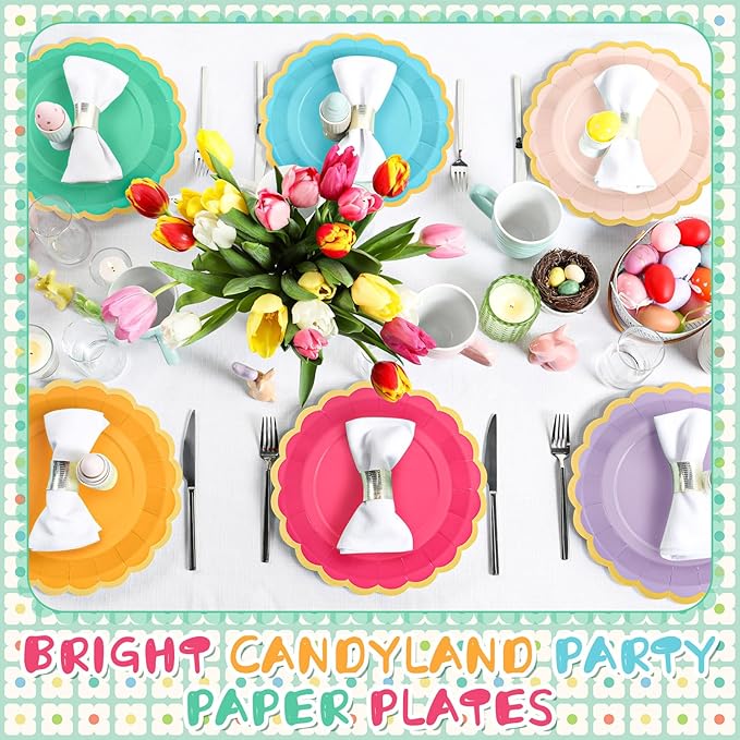 48 Pcs Candy Color Paper Plates 9 Inch Light Colorful Rainbow Scalloped Paper Disposable Dinner Dessert Plates for Birthday Wedding Bridal Party Supplies, 6 Colors