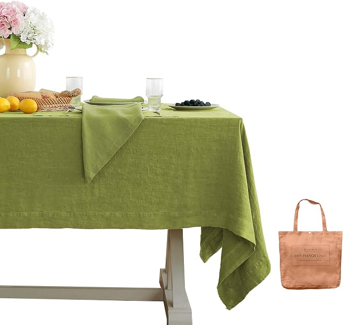 Linen World Vintage Tablecloths 60x120 Inch,100% French Linen Tablecloth,Classic Vintage Washed Table Cloths for Kitchen,Outdoor,Weddings,Decorative Thanksgiving Christmas,Moss Green