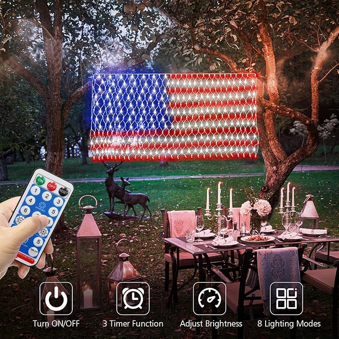 Solar American Flag Lights Outdoor420 LEDs US Flag Net Lights 6.5 x 3.28 Ft | Solar Flag Lights with Remote Dimmable Timer 8 Lights Modes for Independence/National/Memorial Day July 4th