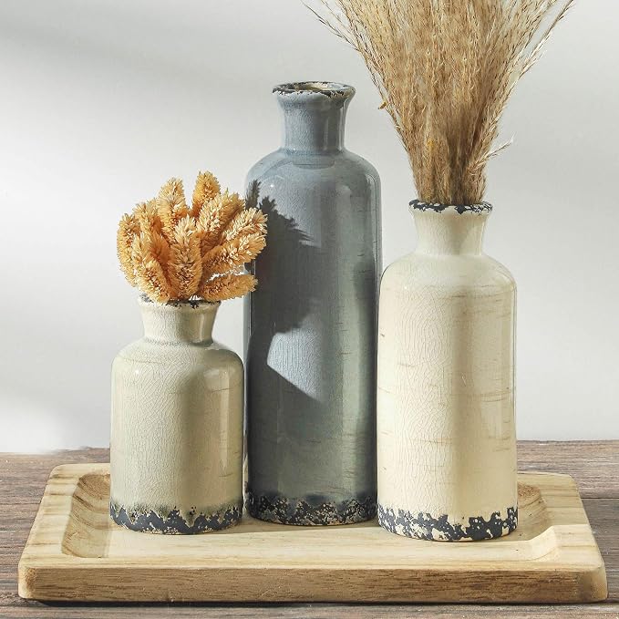 Ceramic Vase Set of 3, Neutral Flower Vases Home Decor, Pottery Rustic Farmhouse Decorative Vases Modern Decor for Table Mantel Entryway Bookshelf Living Room Kitchen Bedroom - Ocean