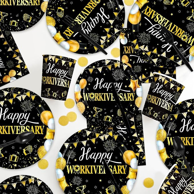 168Pcs Happy Workiversary Party supplies for Men Women, Serves 24 | Black Gold Happy Work Anniversary Plates and Napkins Cups Tableware Set for Worker Employee Appreciate Office Decorations