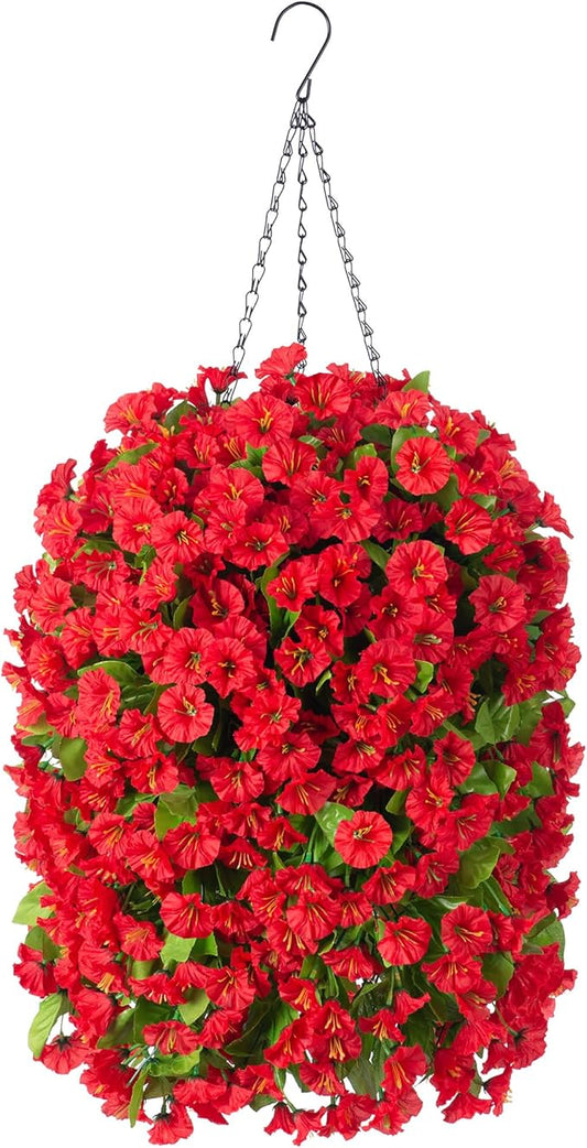 Ammyoo Artificial Faux Hanging Flowers Basket for Spring Summer Outdoor Outside Porch Decoration, Fake Silk Colorful Morning Glory Eucalyptus UV Resistant Look Real for Home Patio Balcony Yard(Red)