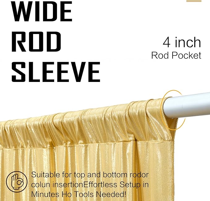 gogoparti 10x40FT Gold Shimmer Backdrop Curtains for Weddings Parties - 2 Panels of Extra Long 5x40FT Drapes, Includes Dual Pole Pockets, Wrinkle-Free Fabric for Party, Photo Booth & Tent Decoration